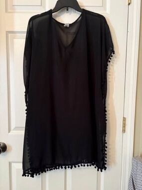 Black lightweight, sheer, Pom fringe swim cover-up